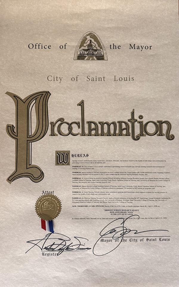 An official proclamation award naming March 30-April 2 in the City of St. Louis as Midwest Nursing Research Society 50th Anniversary Week