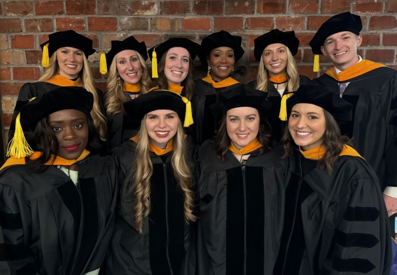 The CRNA Class of 2024. First row, from left: Sophia Agbomah, Stacie Summers, Emma Vierod, and Kate Manual. Second row, from left: Samantha Trulove, Emily Shands, Laura McGrath, Audreau Conley, Christine Bergesch, and Garry Gregson.