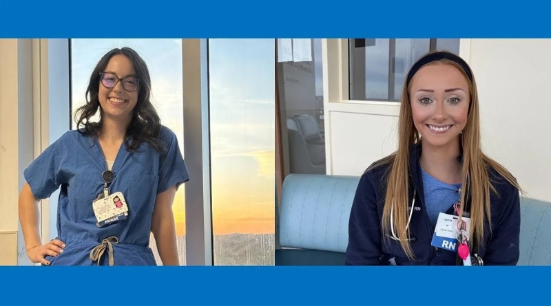 Two students in nurses uniform at school.