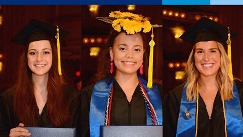 Portraits of BJC Full-ride scholars Anna Dodson, Taylor Jarrett and Claudia Dace holding degrees and smiling.