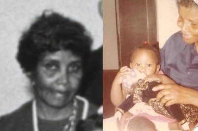 Ruth Robinson Harris during a nursing anniversary commemoration at Jewish Hospital. Right: Ruth and Jasmyne as a baby, holding her favorite doll.