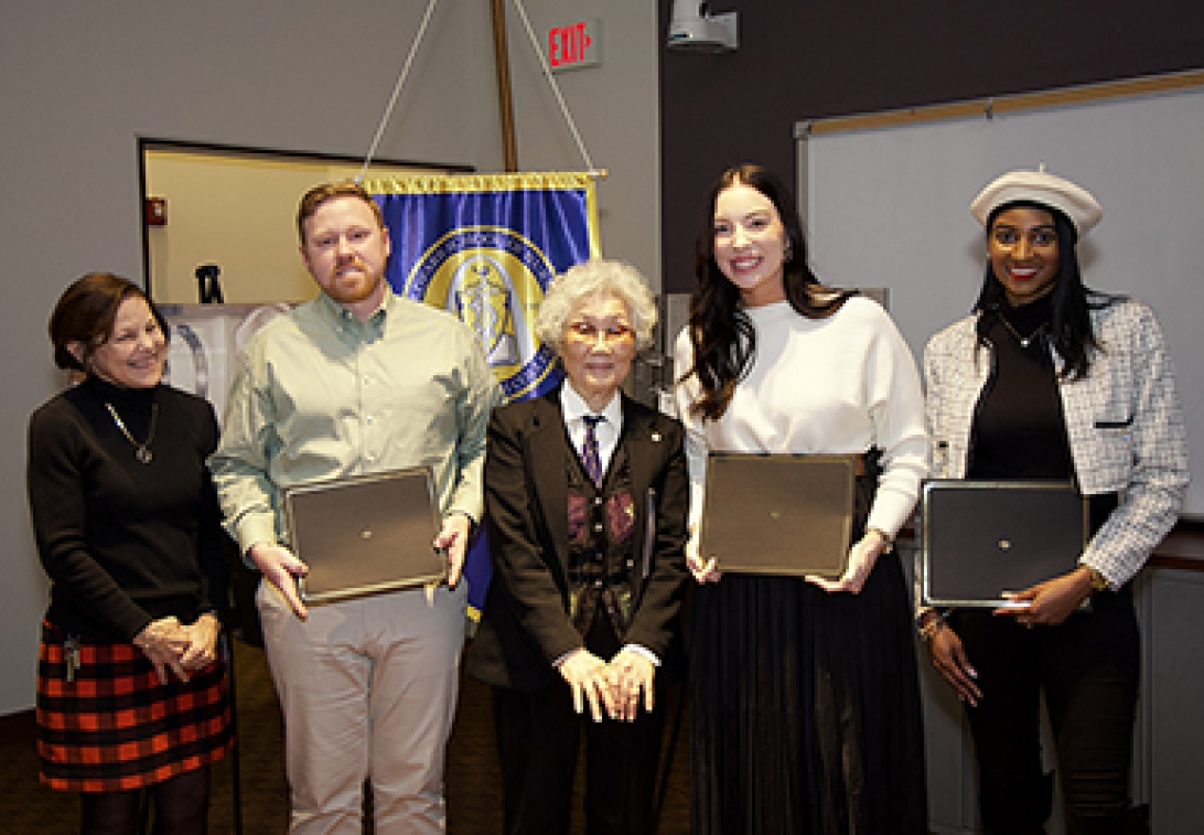 Dr. Henrichs and Tsugie Watanabe with the 2024 Watanabe-Henrichs Scholarship recipients. From left: Dr. Henrichs, Joshua Danback, Tsugie Watanabe, Brianna Baker, and Keishauna Hayes.