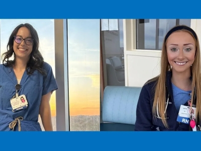 Two students in nurses uniform at school.