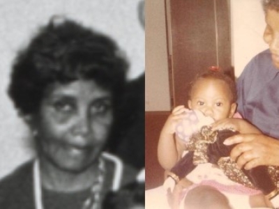 Ruth Robinson Harris during a nursing anniversary commemoration at Jewish Hospital. Right: Ruth and Jasmyne as a baby, holding her favorite doll.